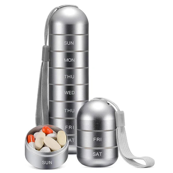 Pillendoos Aluminium 7 Dagen Weekbox Reis Medicijnen Organizer Waterdicht Draaivak Supplement Pillendispenser | Sansoti