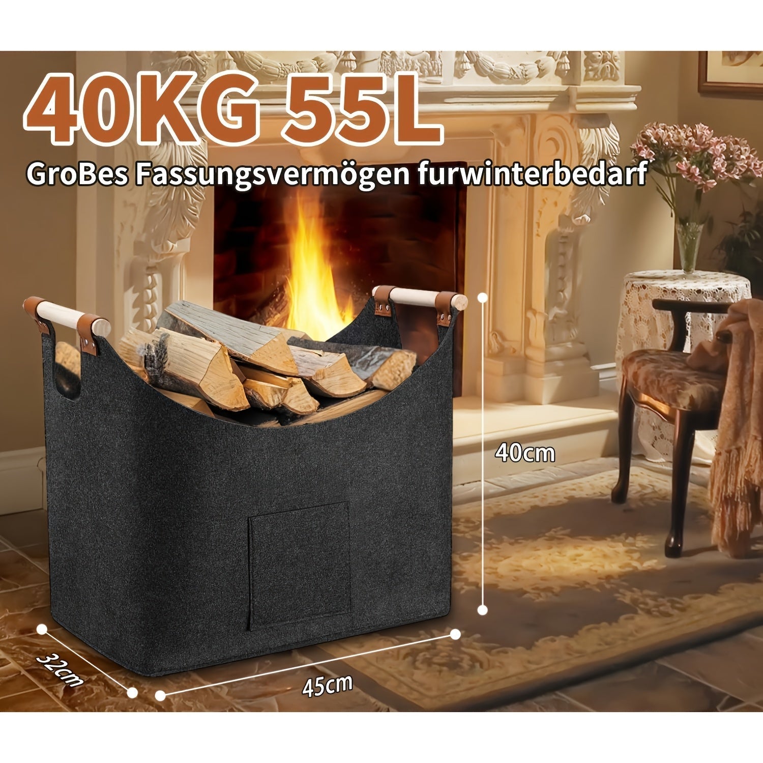 Filz Brennholzkorb 55L – Großer Brennholzaufbewahrungskorb für Kamin & Holzofen | Restfield