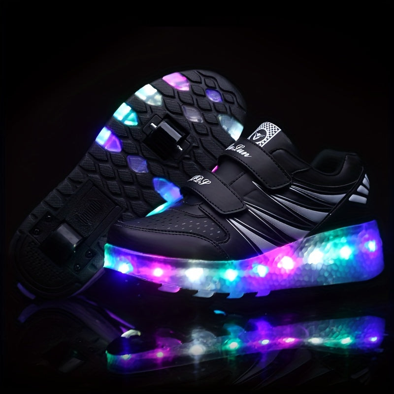 Roller sneakers kinderen LED kunstleer roze met wieltjes afneembaar schoenen skates lichtgevende kinderschoenen | Sansoti