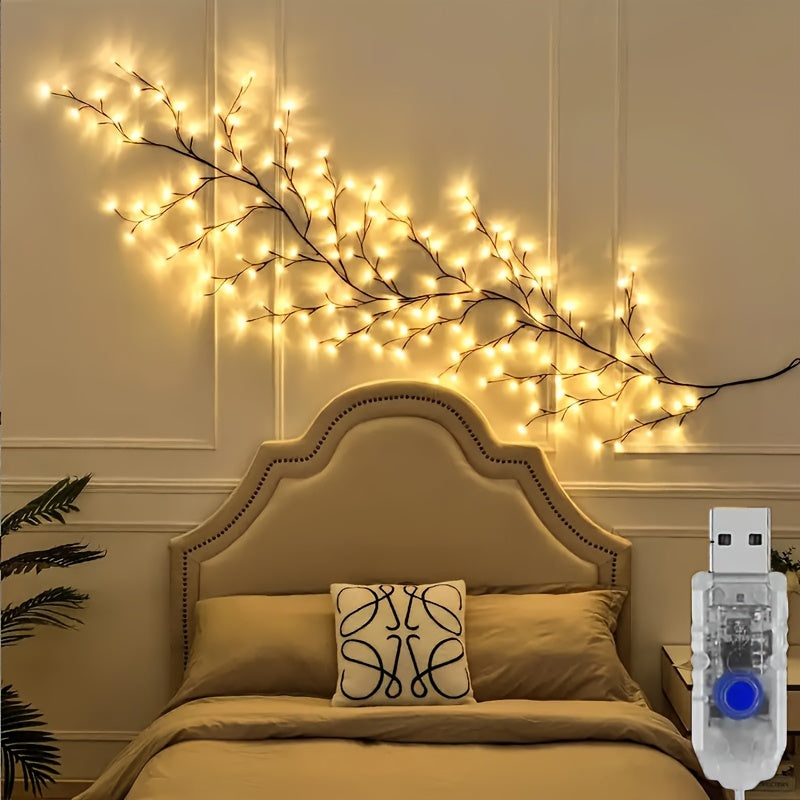 Éclairage mural en branches de saule avec 96 points lumineux LED, blanc chaud, USB, applique murale décorative, éclairage d’ambiance intérieur | Sansoti