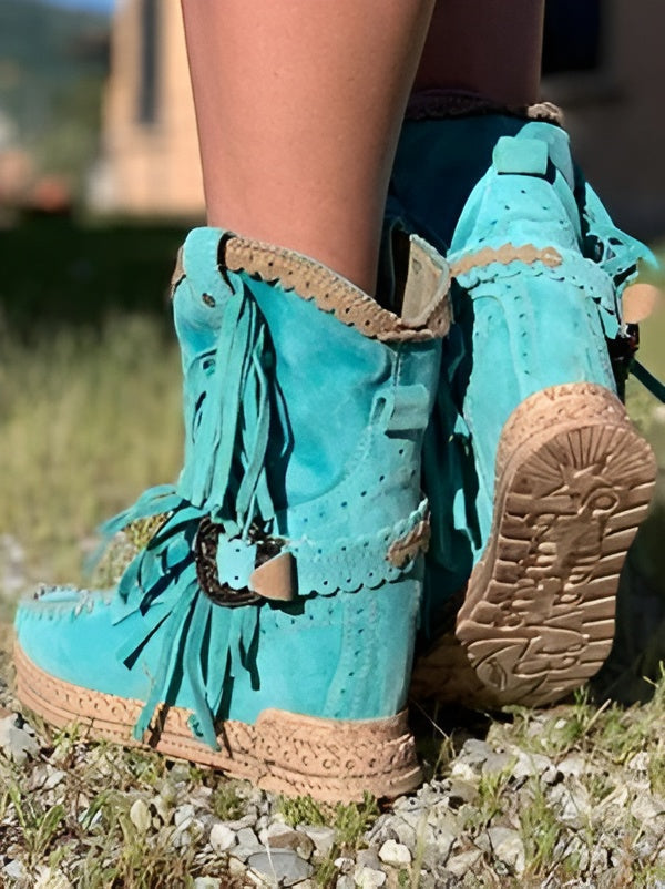 Boho Laarsjes met Franje voor Dames – Suède Western Stijl met Comfort Loopzool | Sansoti