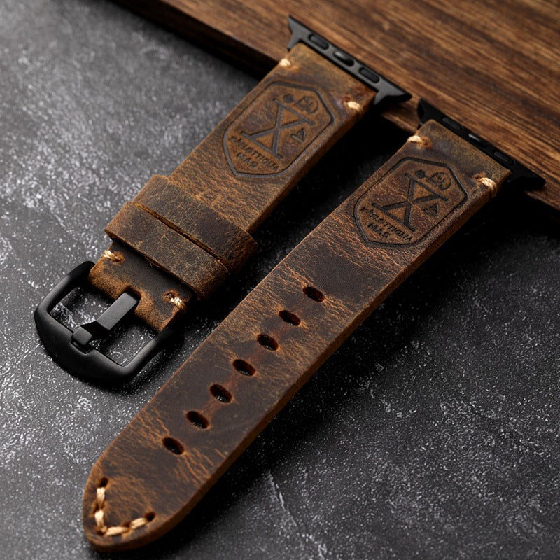 Vintage Leren Horlogeband voor Apple Watch met Handgestikte Naden en Volledig Narfleder Afwerking | Verstelbare Bandje 40-49mm voor Authentieke Retro Look Patina Ontwikkeling | Sansoti