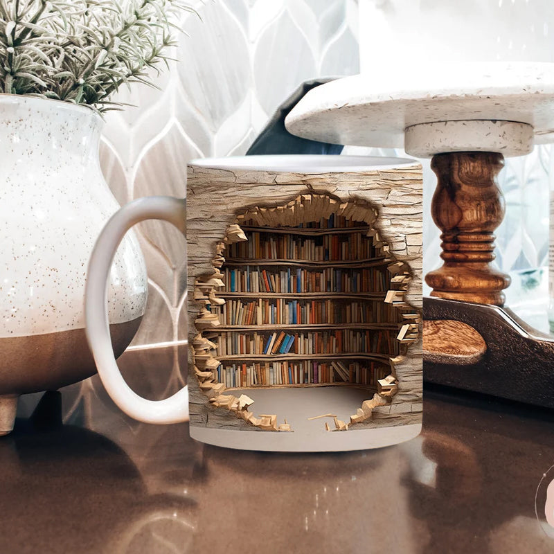 Keramische Mok met 3D-Boekenplankdesign – Gezellige Mokken voor Boekenliefhebbers | Sansoti