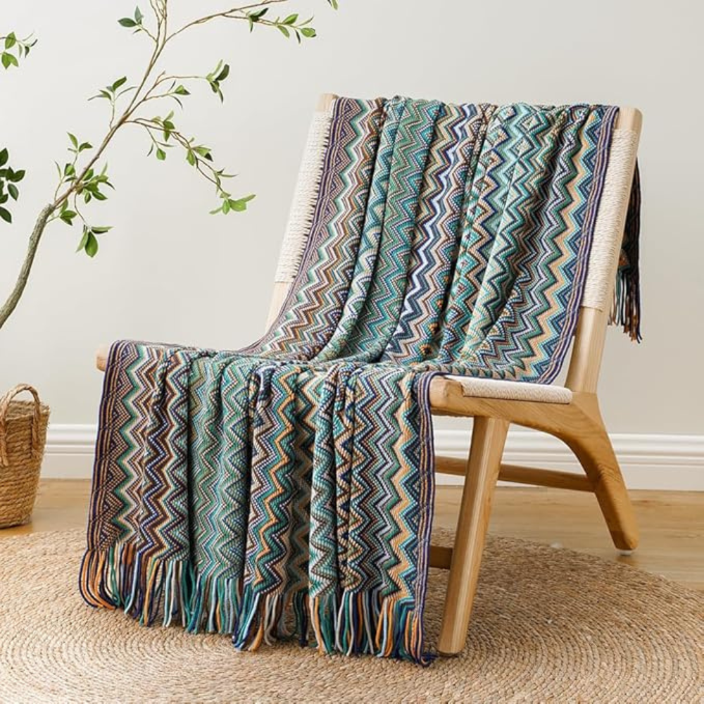 Knitted Throw with Zigzag Fringes – Soft Crochet Blanket for Sofa and Bed, All Seasons, Bohemian Style | Sansoti