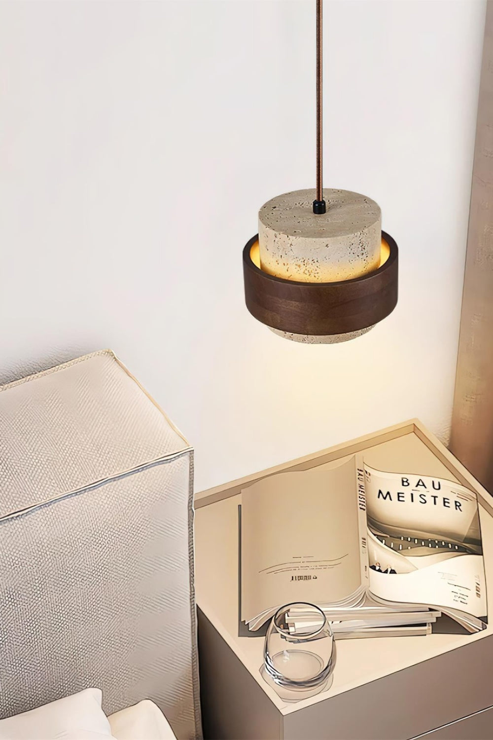 Houten Hanglamp met Travertijn Afwerking – Organische Lichtbron Eetkamer Woonkamer | Sansoti