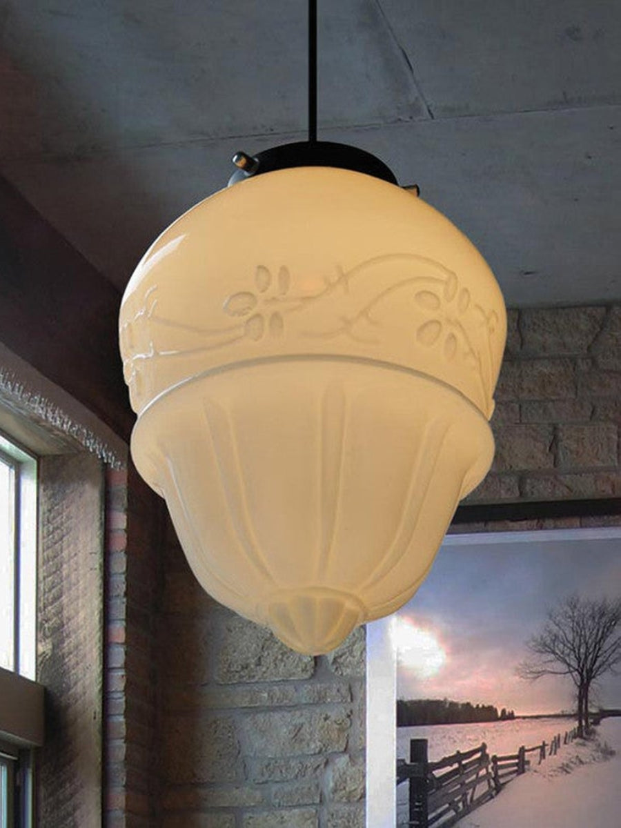 Vintage Art Deco Melkglas Hanglamp met Gestreepte Kap voor Eetkamer en Woonruimte | Sansoti
