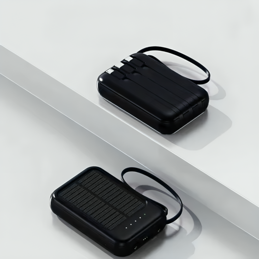 Oplaadbare Powerbank 20000mAh met Zonnepaneel, LED-Zaklamp en Ingebouwde Kabels – Draagbare Noodaccu met Dubbele USB- en Type-C-Aansluiting voor Smartphone en Tablet | Sansoti