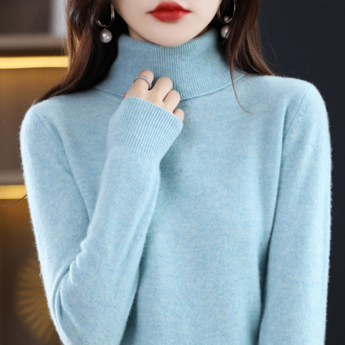 Jersey de cachemira de punto con cuello alto para mujer Negro Blanco Gris Rosa Lila Rojo Azul Marrón Básico elegante de otoño e invierno | Sansoti