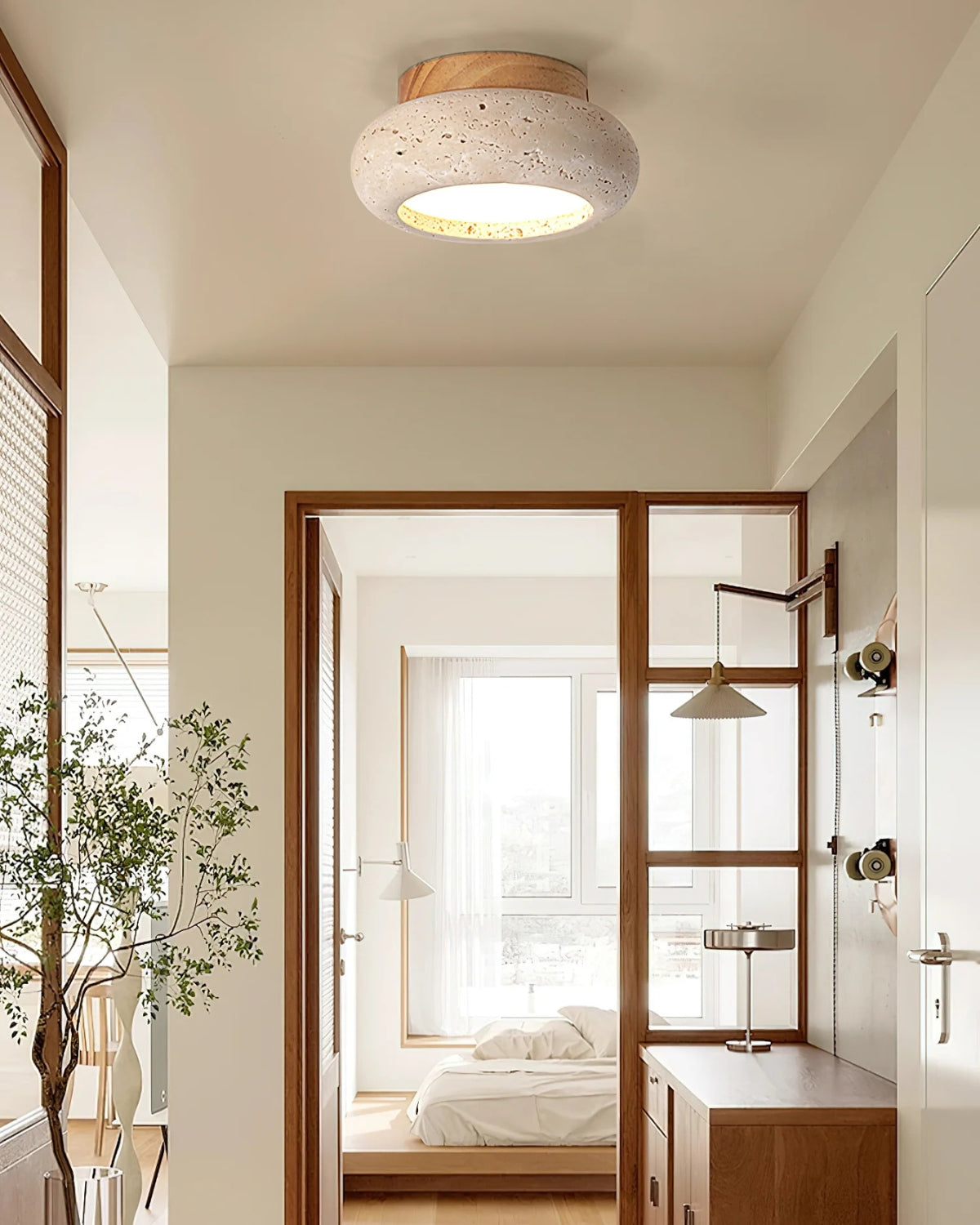 Plafondlamp acryl natuurtinten walnoot beige woonkamer slaapkamer gang warm licht diffuus elegant Scandinavisch design modern minimalisme interieur verlichting | Sansoti