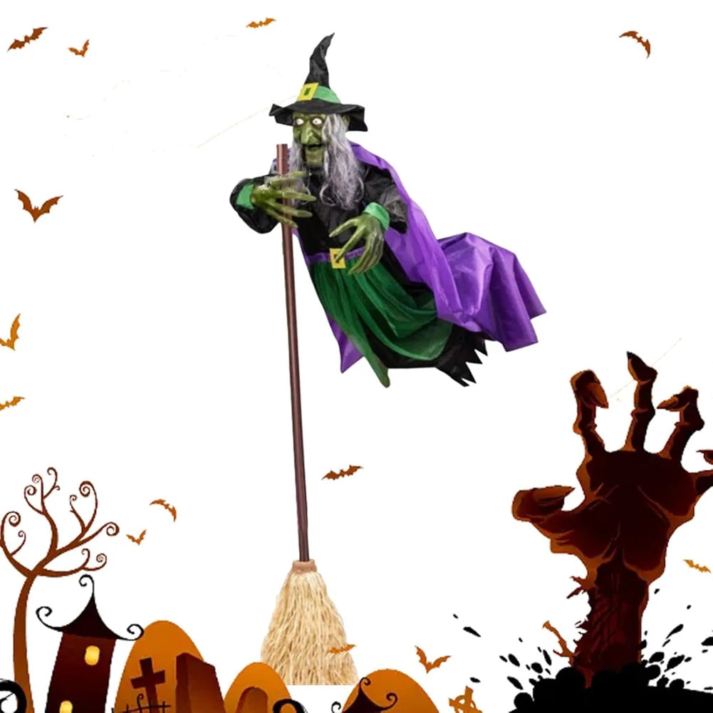 180cm Animatronic Witch on Broomstick Halloween Decoration with Glowing Eyes, Sound, Motion, Party Decoration | Sansoti