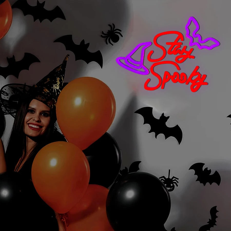 Halloween-LED-Neonschild mit Fledermäusen – Lila-orange Wandleuchte für eine festliche Halloween-Atmosphäre | Sansoti