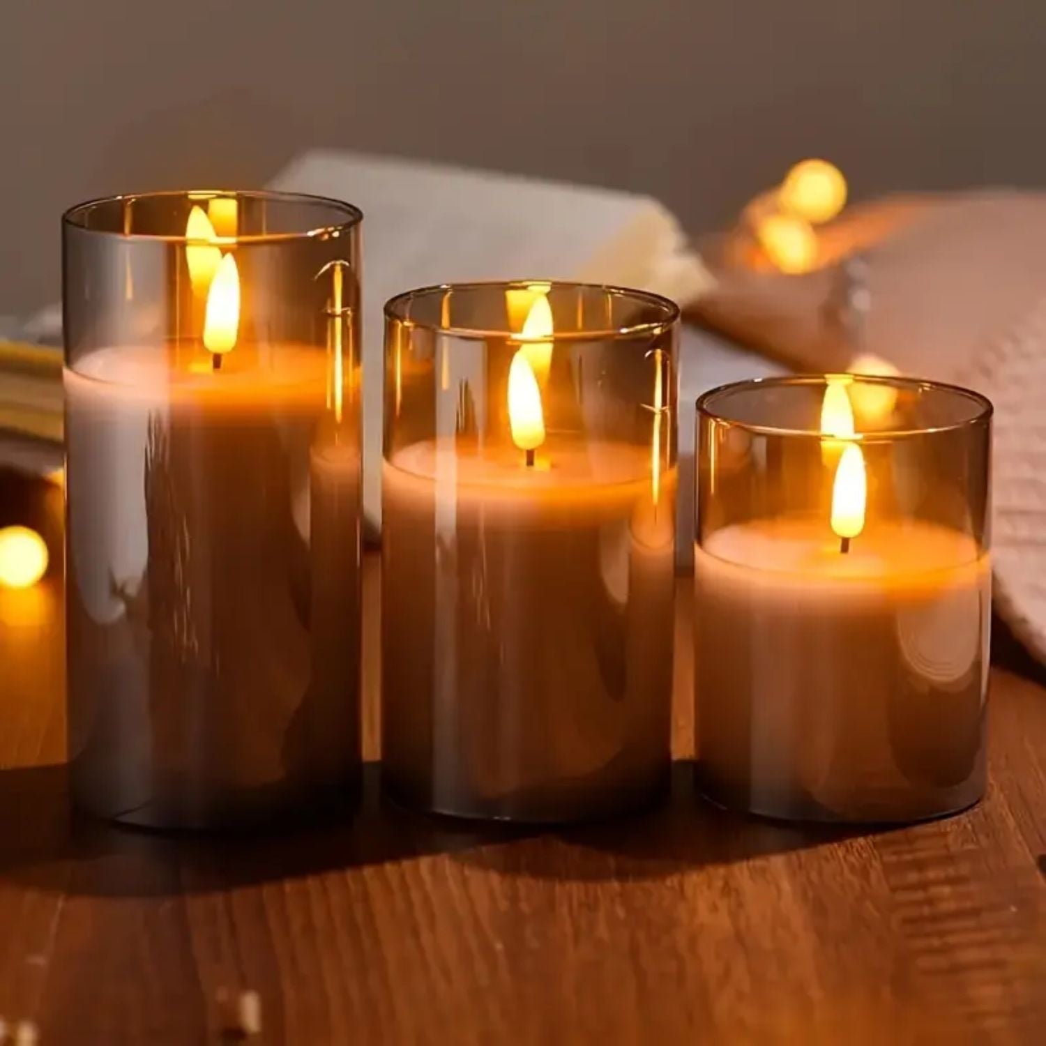 Bougies LED avec télécommande verre noir éclairage d’ambiance set minuterie intérieur moderne salon chambre décoration effet flamme réaliste | Restfield