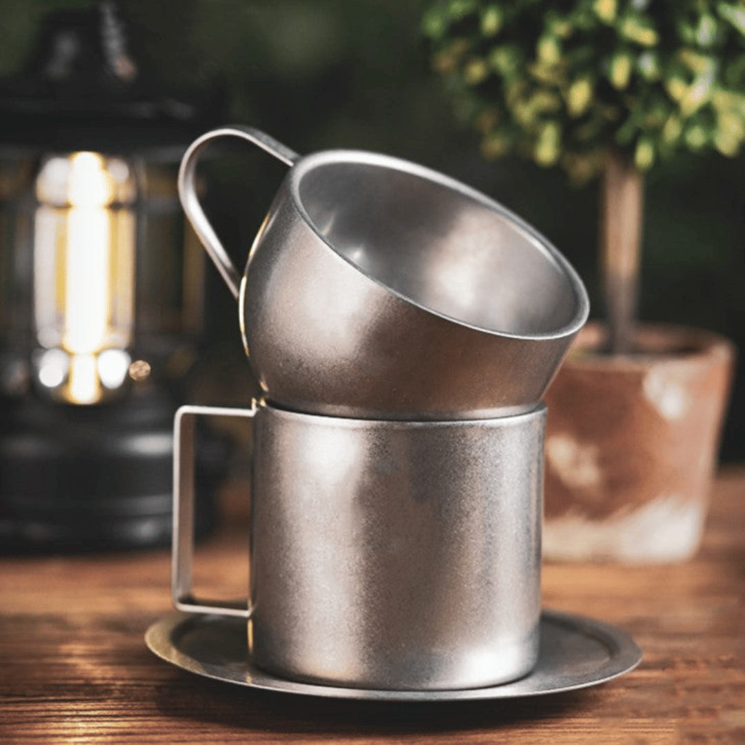 Doppelwandige Kaffeetasse aus Edelstahl mit Untertasse und Löffel, Vintage-Stil, Set, 180-280ml Cappuccino Espresso | Sansoti