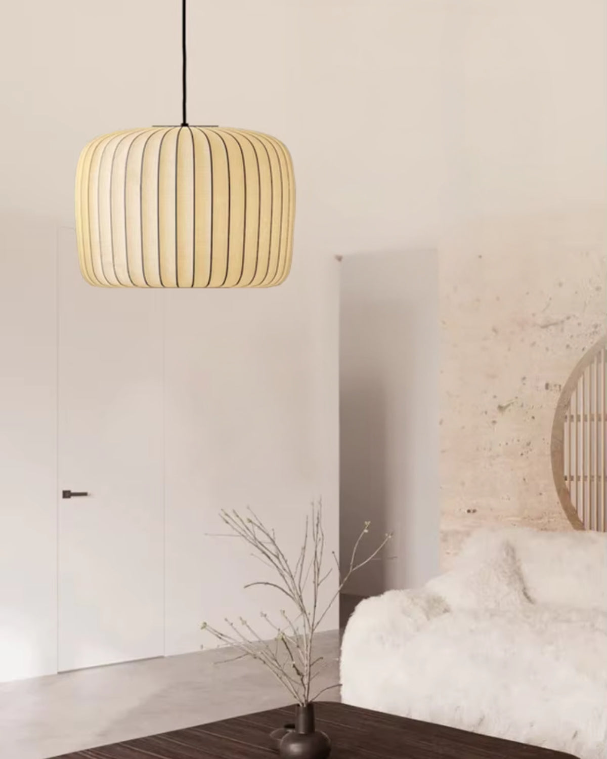 Moderne hanglamp met stoffen lampenkap – minimalistische design plafondlamp in stretchstof voor eetkamer en woonkamer | Sansoti