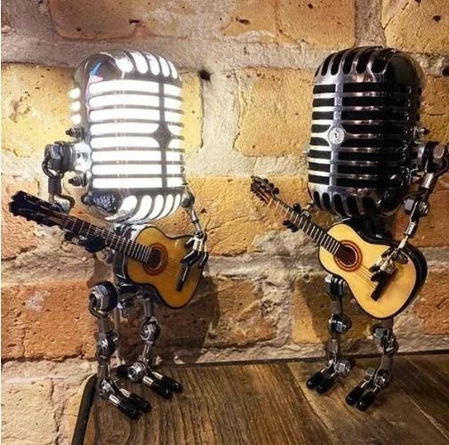 Lampe robot avec microphone et guitare, en métal, lampe de table vintage noire, blanche, rouge et jaune, réglable, design musicien | Sansoti
