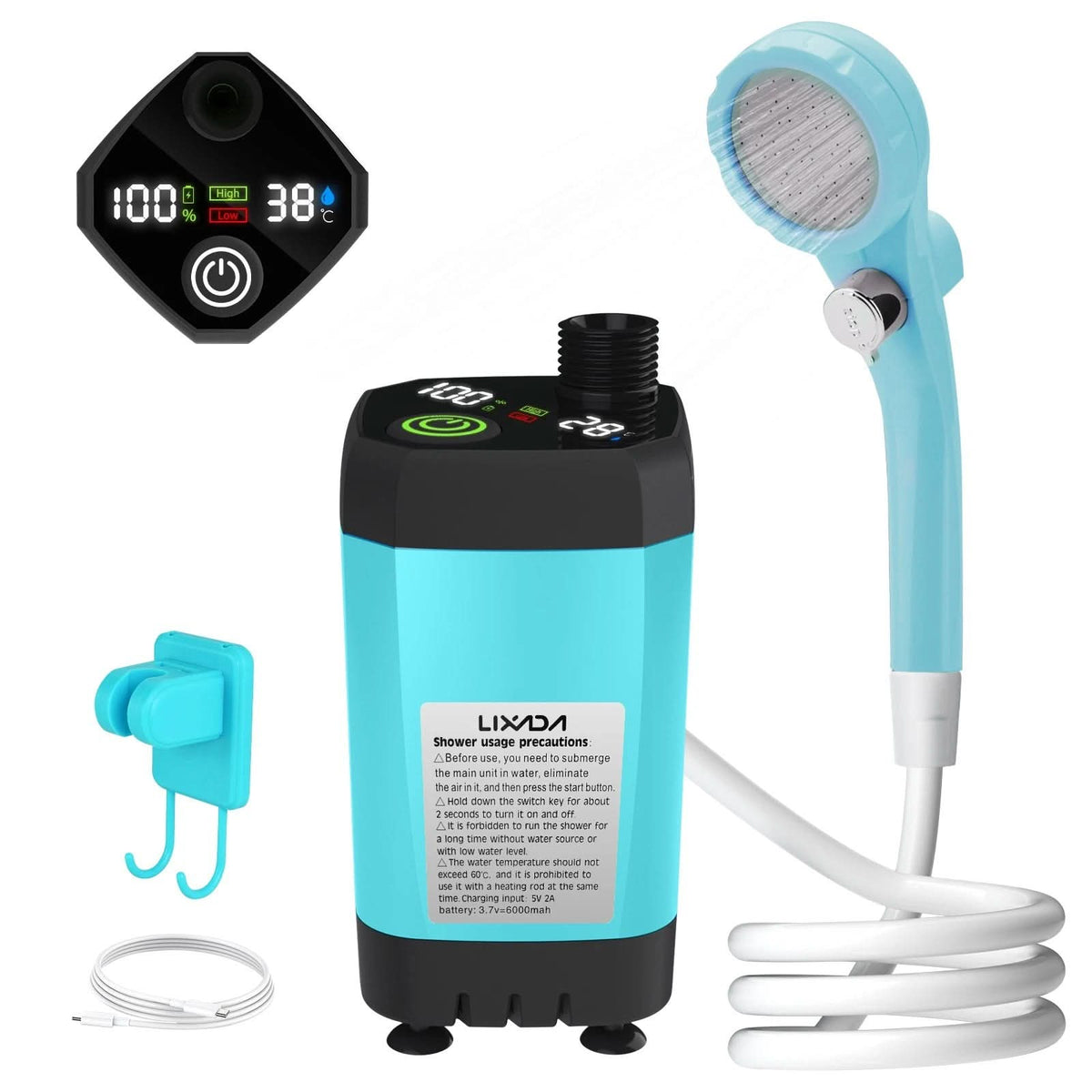Tragbare Campingdusche mit digitalem Display, wiederaufladbarem 6000-mAh-Akku und einstellbarem Strahl für Reisen und Camping | Sansoti
