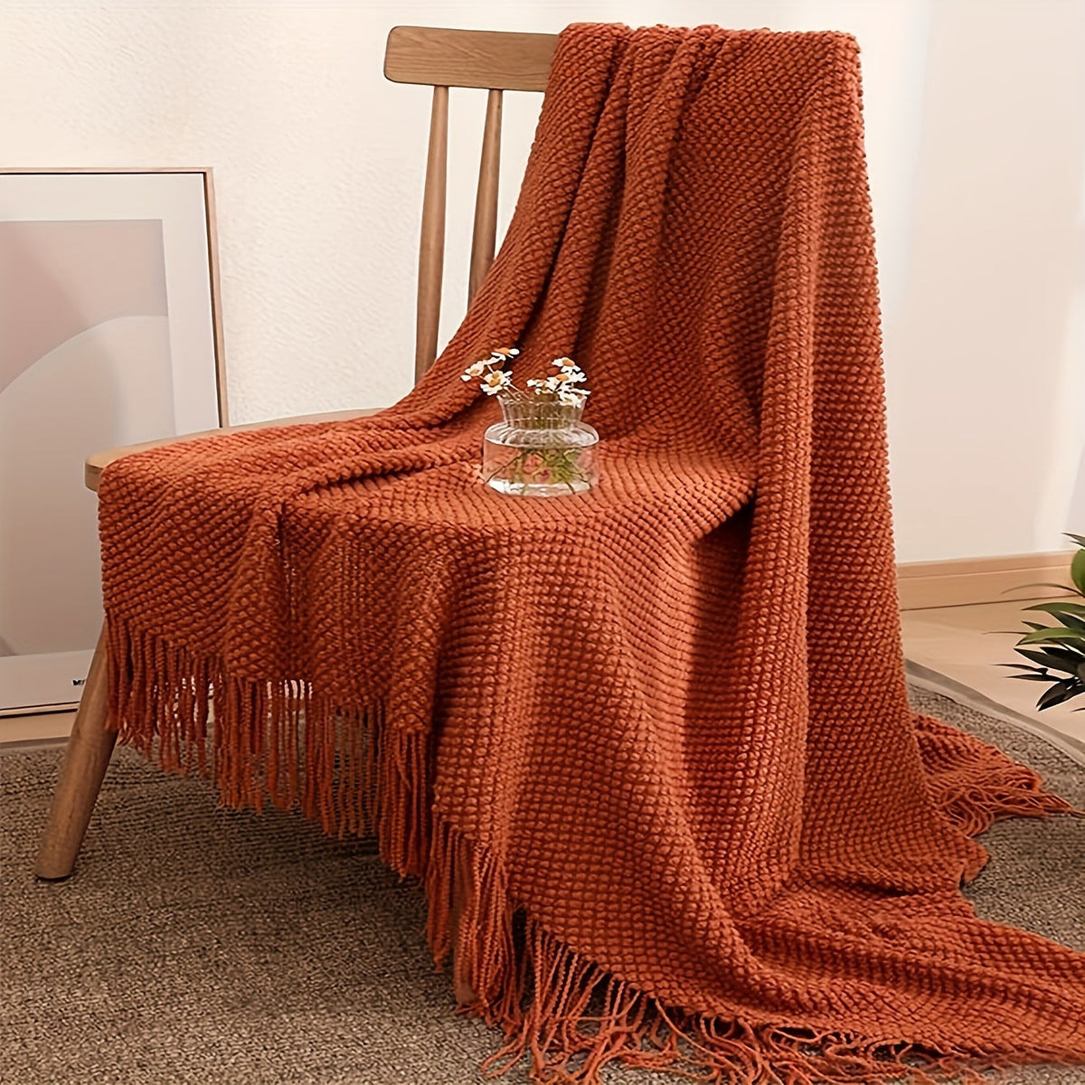Gestrickte Plaiddecke mit Quasten, Orangetöne, 130x160 cm, Polyesterdecke, Sofadecke, Wohndecke für das Wohnzimmer | Sansoti