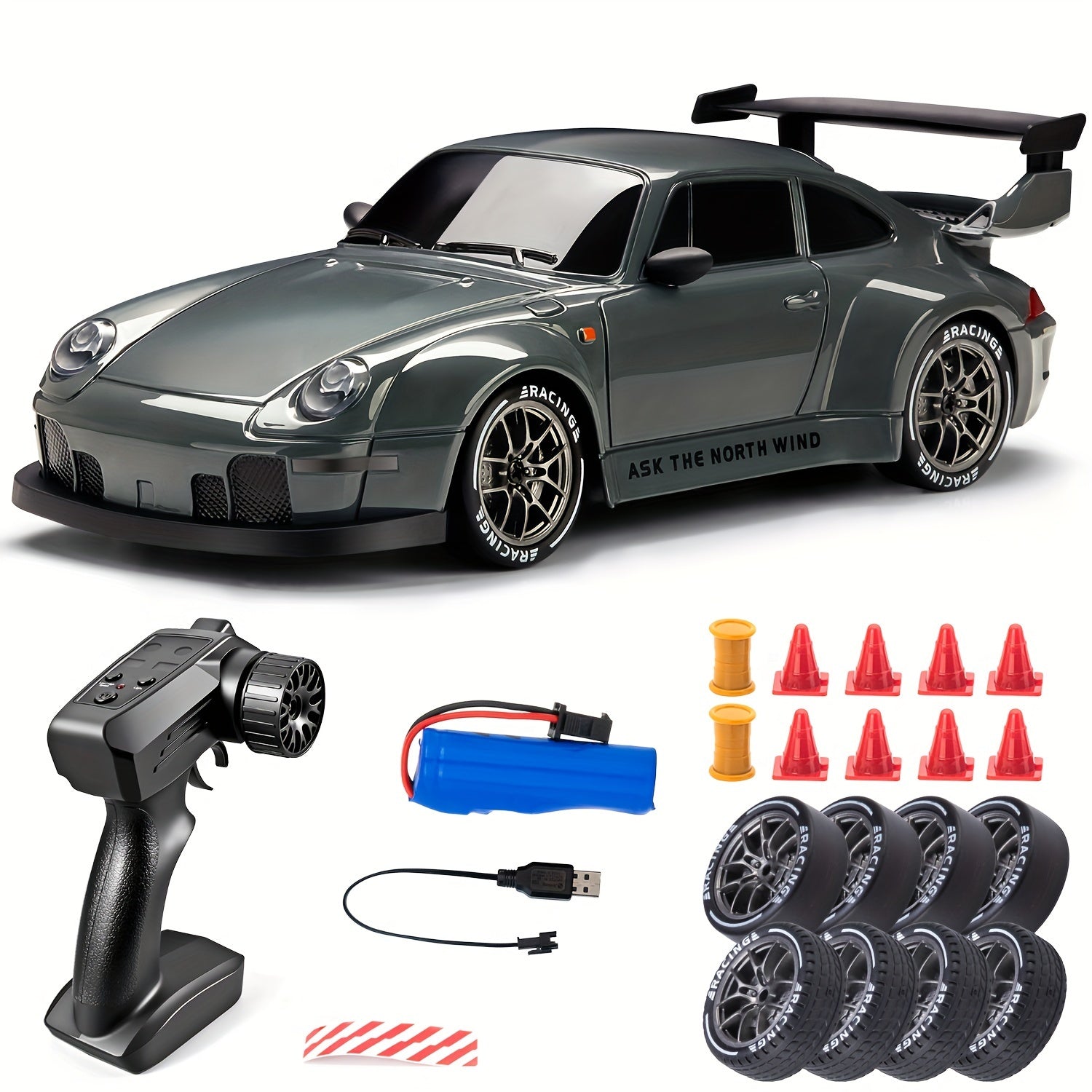RC drift auto 1:24 4WD grijs met verlichte wielen afstandsbediening extra banden driftauto speelgoed auto usb oplaadbaar | Sansoti