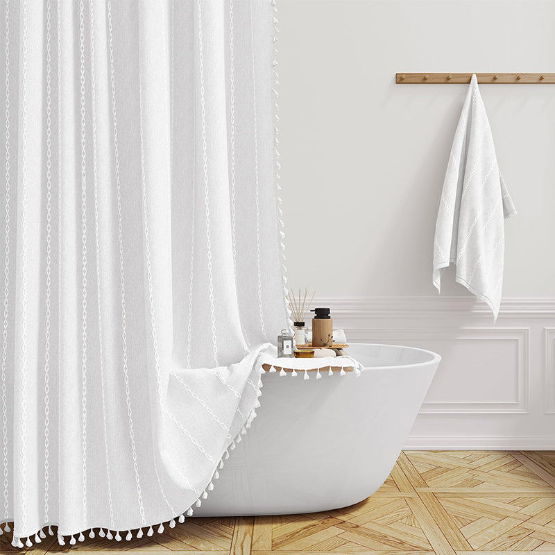 Duschvorhang Leinen Bohemian Wasserdicht Quasten 180x200cm Badezimmer Beige Kariert