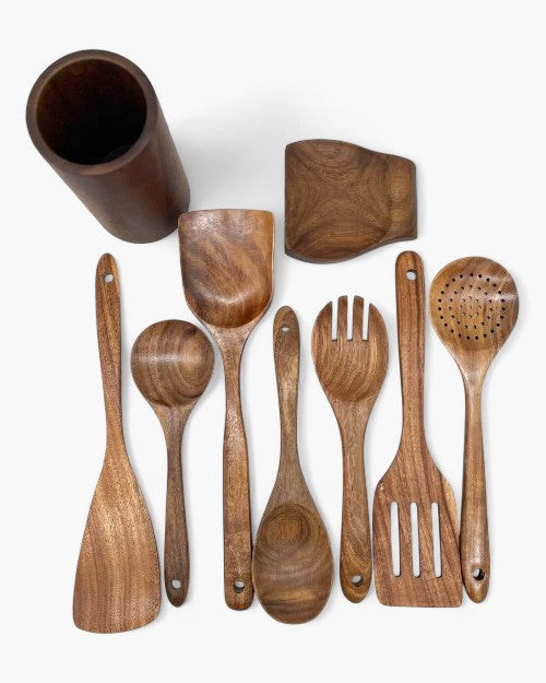 Teakhouten Keukengerei Set | Duurzaam Houten Bestek voor Dagelijks Koken | Zachtvoor Pannen | Elegant Keukenaccessoire | Milieuvriendelijk | Sansoti