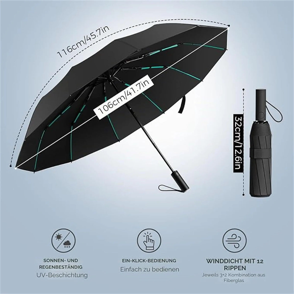 Parapluie de poche noir à structure renforcée, 144 baleines, pliable, unisexe, compact, résistant au vent, protection contre la pluie et le soleil | Sansoti