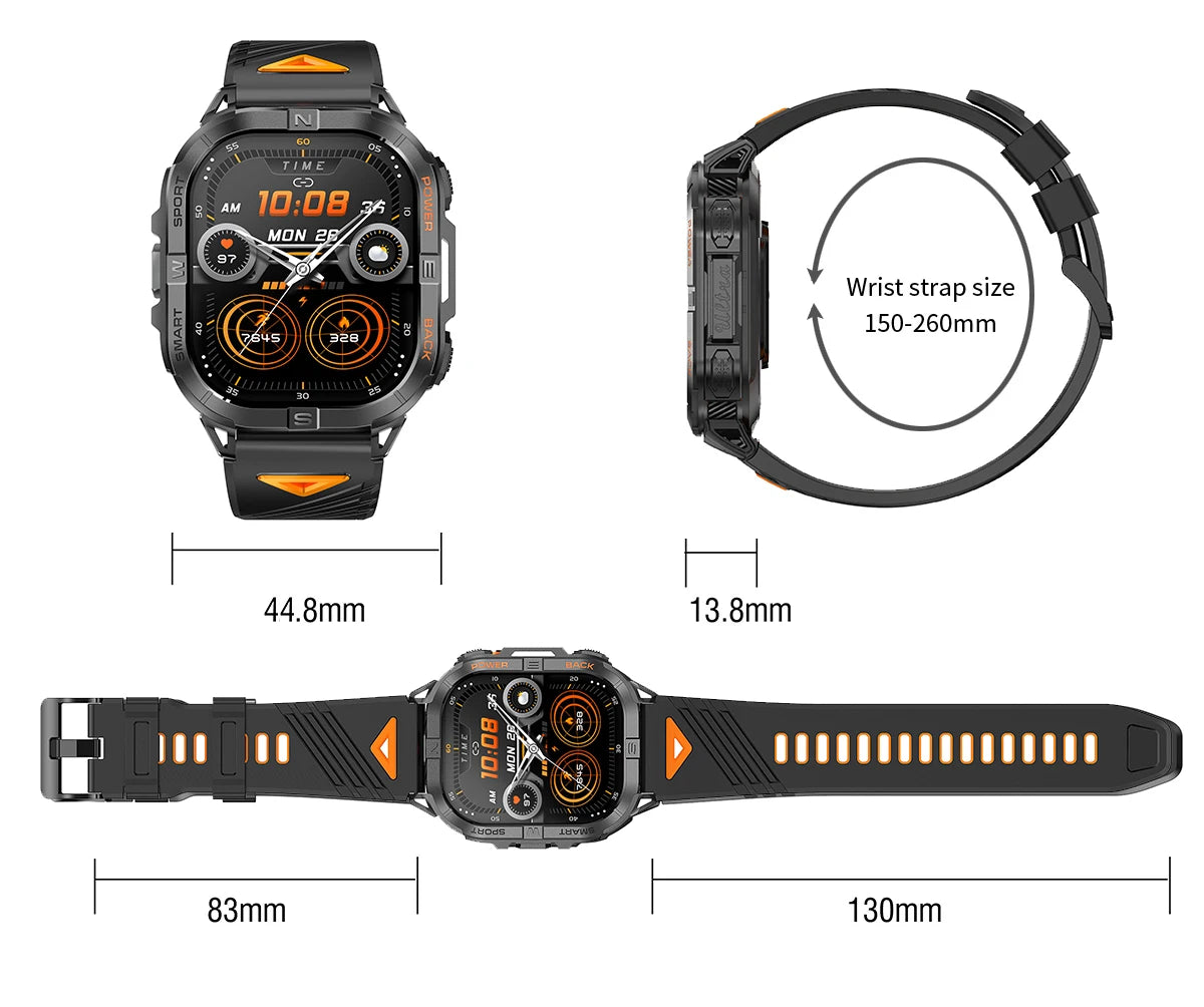 Rugged outdoor smartwatch with GPS compass and LED flashlight, black-orange, 2.13-inch AMOLED display for sports | Sansoti