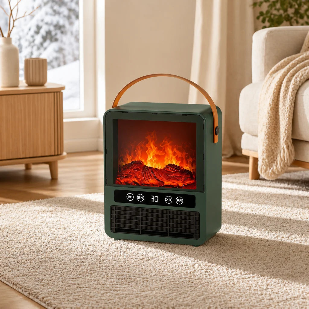 Compact Ceramic Heater 3D Flame Effect Sound Tip-Over Protection Voice Control USB Bedroom Heater | Sansoti