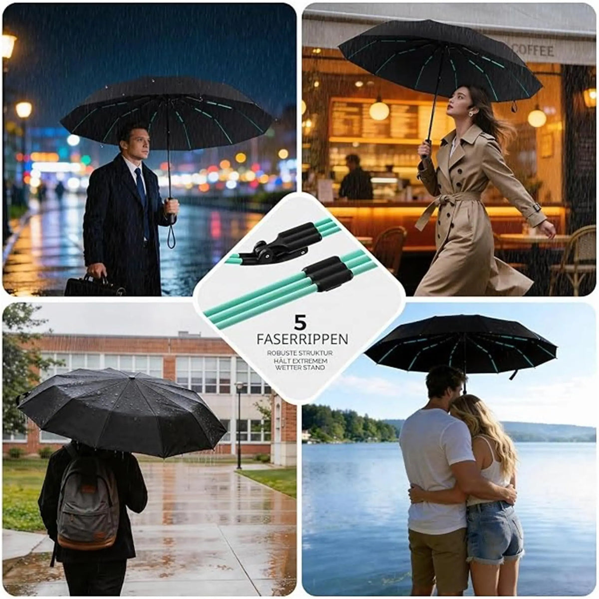 Parapluie de poche noir à structure renforcée, 144 baleines, pliable, unisexe, compact, résistant au vent, protection contre la pluie et le soleil | Sansoti