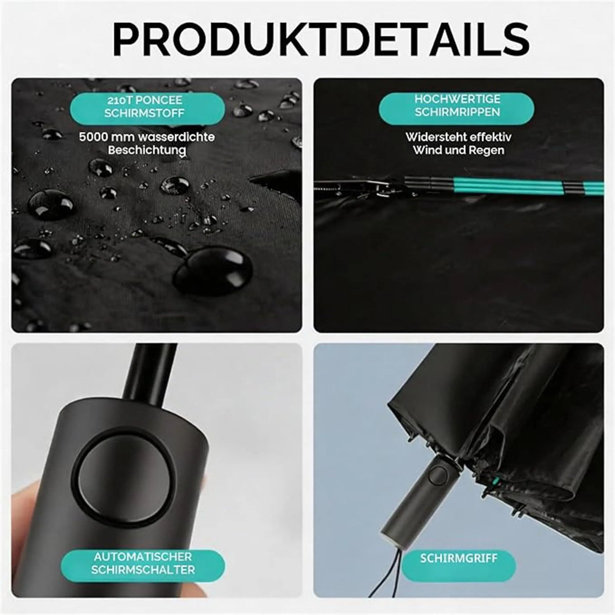 Parapluie de poche noir à structure renforcée, 144 baleines, pliable, unisexe, compact, résistant au vent, protection contre la pluie et le soleil | Sansoti