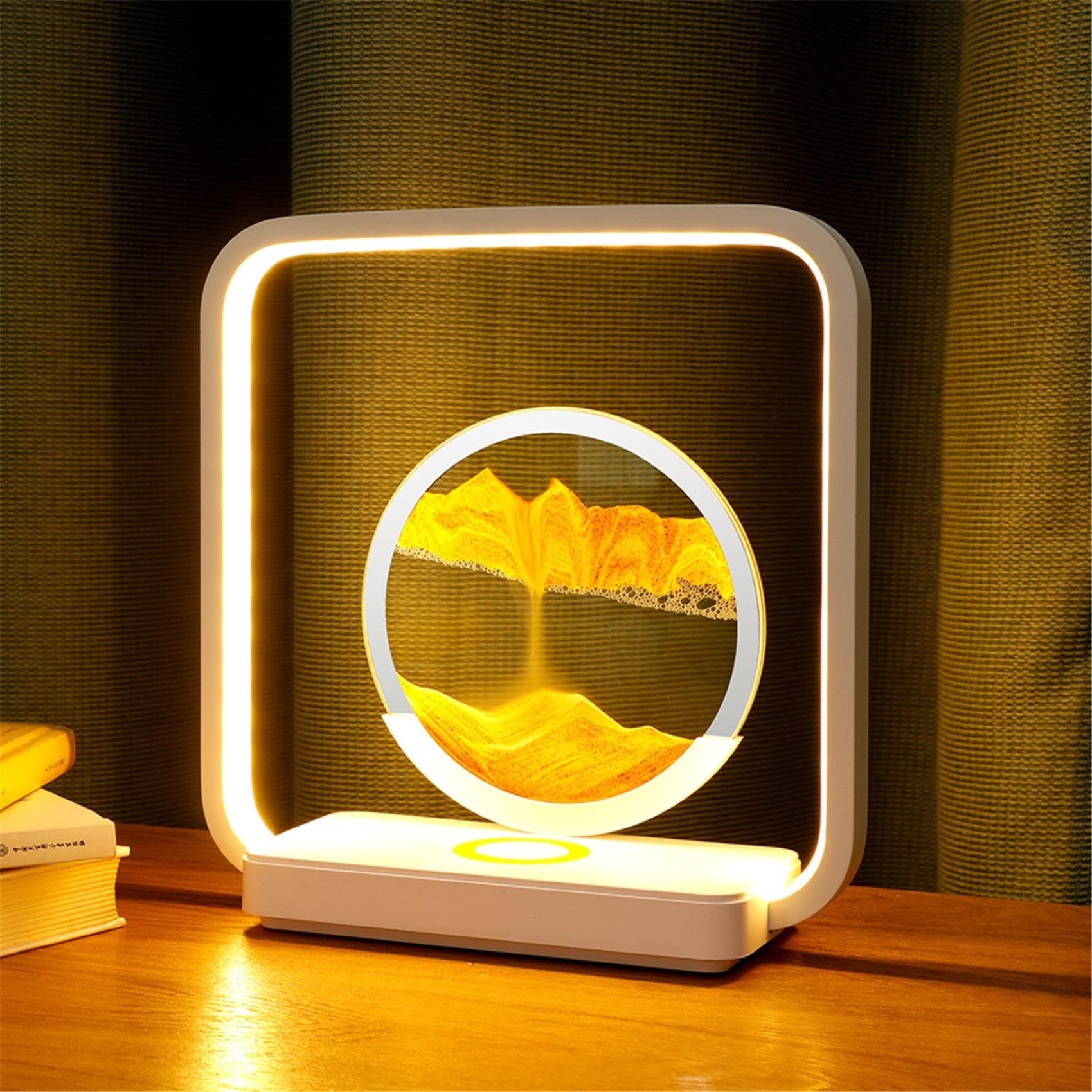 Zandkunst Nachtlamp met Draadloze Oplaadplek – Sierlijk Bewegend Zand & LED-Verlichting voor Slaapkamer Bureau Decoratie | Sansoti