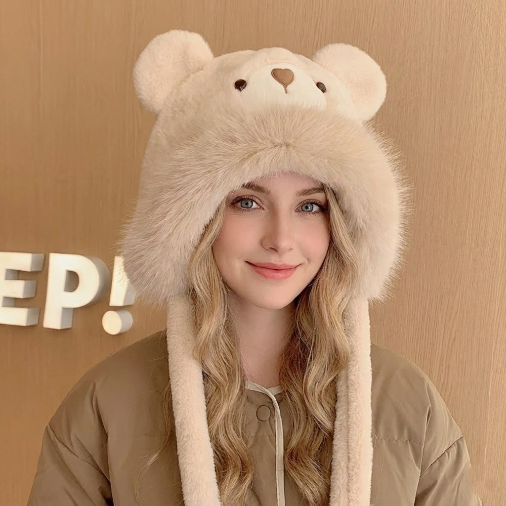 Plush Bear Hat with Ear Flaps Unisex Winter Hat Soft Knitted Fleece Lining Warm Headwear Outdoor | Sansoti