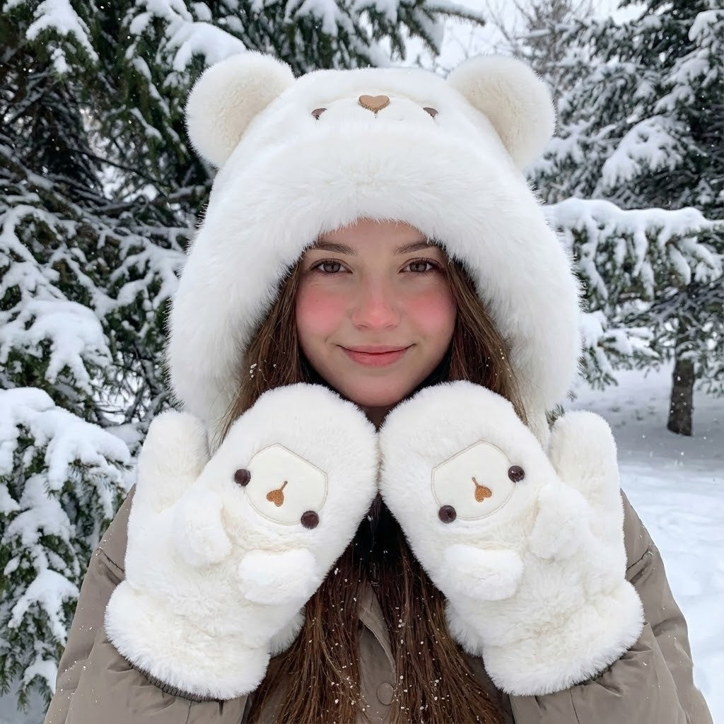 Plush Bear Hat with Ear Flaps Unisex Winter Hat Soft Knitted Fleece Lining Warm Headwear Outdoor | Sansoti
