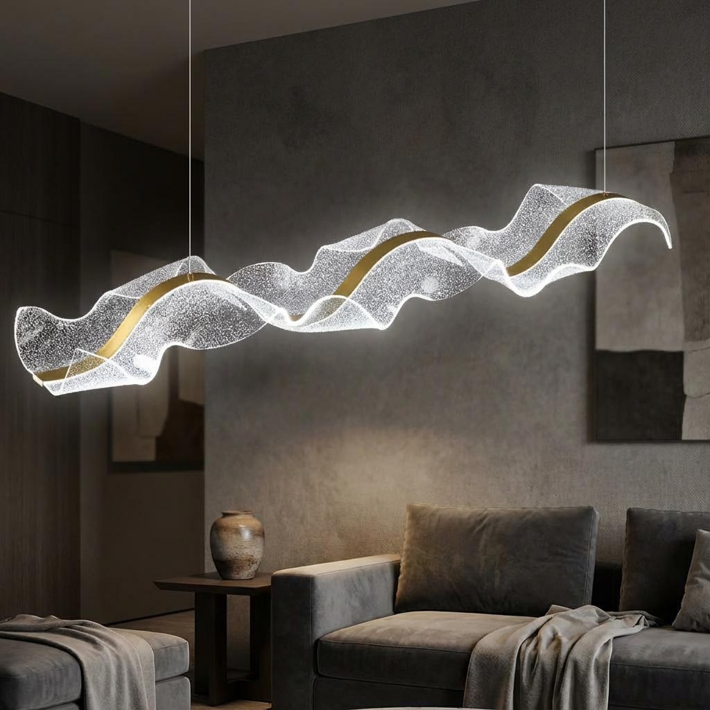 Chandelier Wavy Acrylic Ribbon Gold Dimmable LED 100-220cm Dining Room Living Room Pendant Light Luxury Modern Design | Sansoti