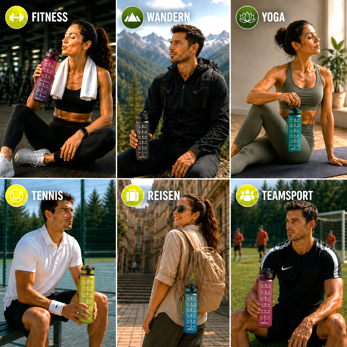Trinkflasche mit Zeitmarkierungen 1000ml, Motivation zur Flüssigkeitsaufnahme, BPA-frei, Sport, Fitness, Flüssigkeitsversorgung, Zeitplan, täglich | Sansoti