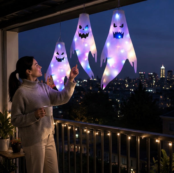 Moulin à vent fantôme lumineux 130cm à LED, décoration d'Halloween suspendue, éclairage extérieur pour jardin, décoration de fête | Sansoti