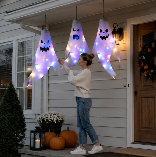 Moulin à vent fantôme lumineux 130cm à LED, décoration d'Halloween suspendue, éclairage extérieur pour jardin, décoration de fête | Sansoti