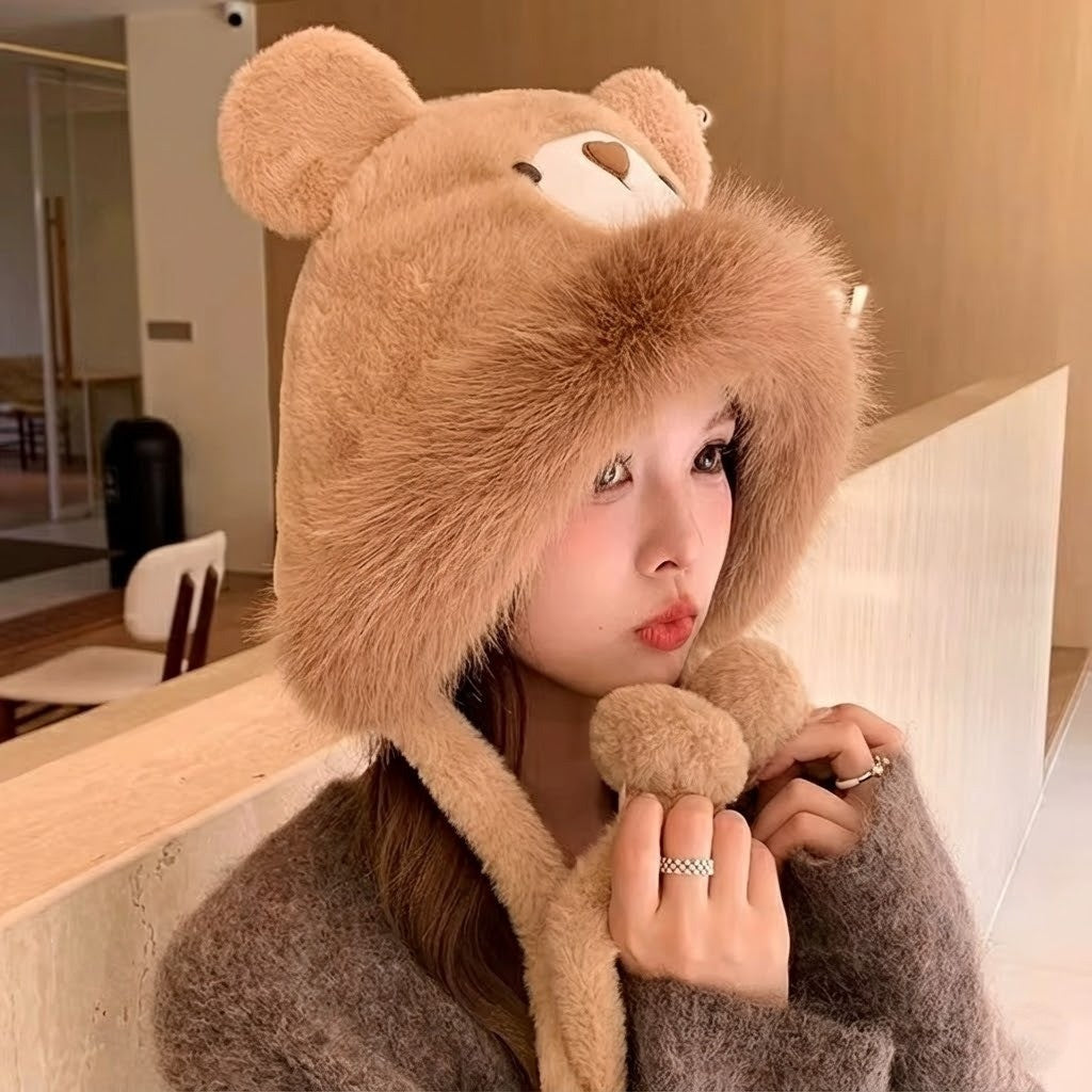 Plush Bear Hat with Ear Flaps Unisex Winter Hat Soft Knitted Fleece Lining Warm Headwear Outdoor | Sansoti
