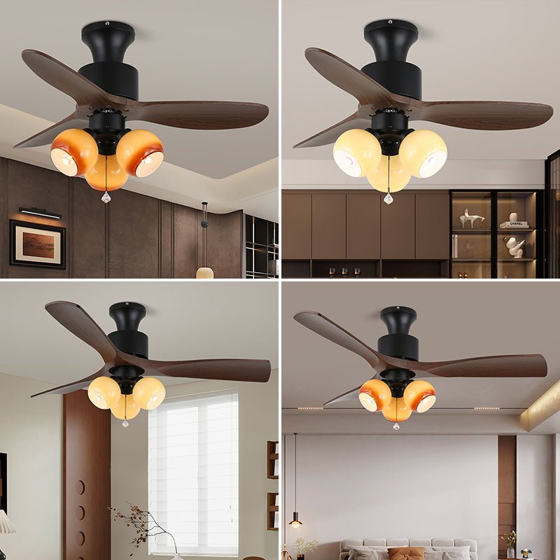 Vintage Ceiling Fan with Lighting — Glass Shade & Wood Grain Blades — Ø91-106 cm | Sansoti