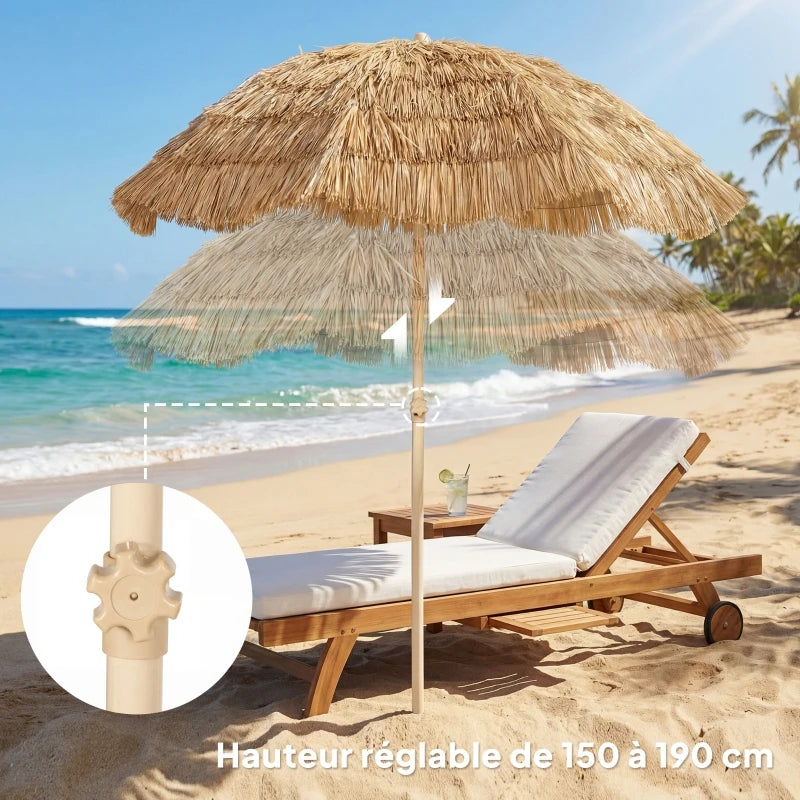 Parasol Zonnescherm Ø 185 cm Verstelbaar met Tropische Raffia Rand Khaki voor Tuin Terras Strand en Balkon | Sansoti