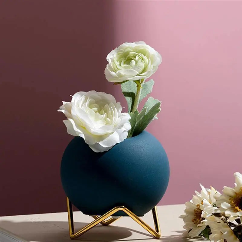 Decoratieve plantenpot keramiek met metalen standaard blauw woonkamer tafel plantenhouder vaasje interieur | Sansoti