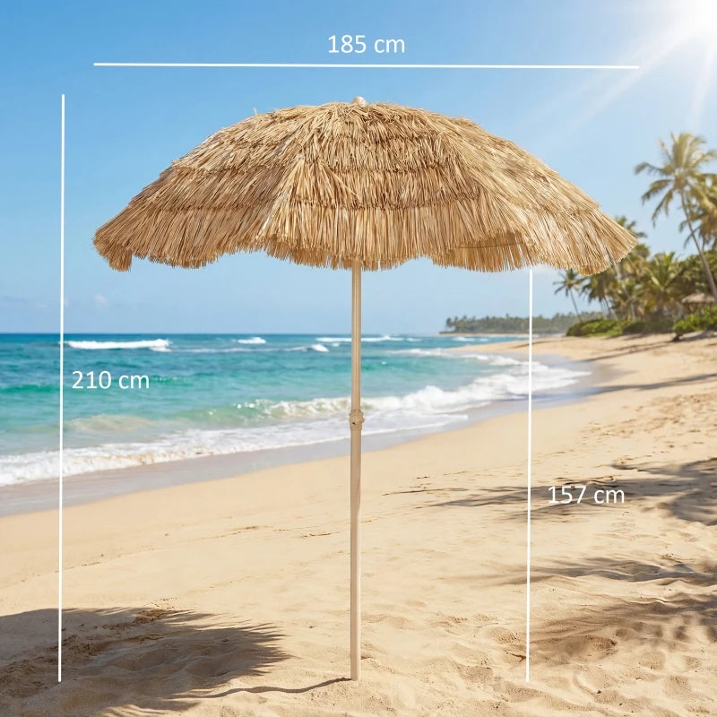 Parasol Zonnescherm Ø 185 cm Verstelbaar met Tropische Raffia Rand Khaki voor Tuin Terras Strand en Balkon | Sansoti