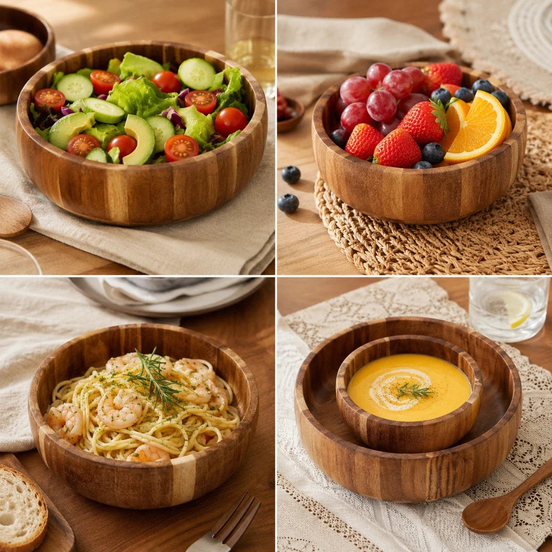 Hand-Painted Wooden Bowl Acacia Wood Round Serving Bowl Salad Bowl Fruit Bowl 6 Sizes Serving | Sansoti