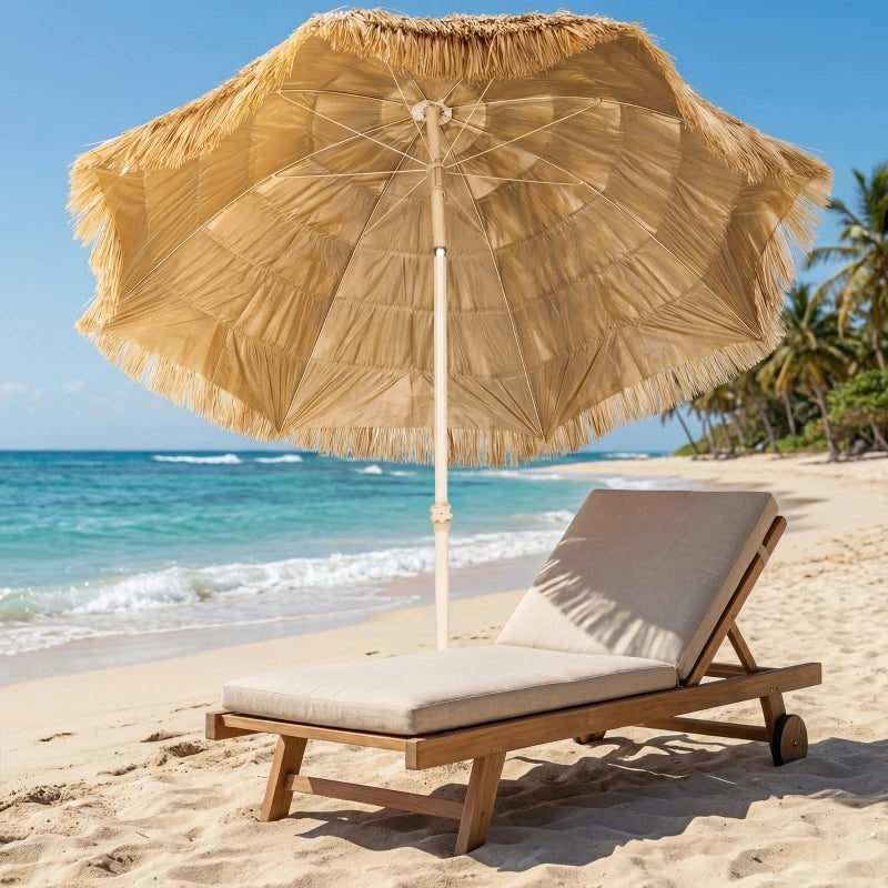 Parasol Zonnescherm Ø 185 cm Verstelbaar met Tropische Raffia Rand Khaki voor Tuin Terras Strand en Balkon | Sansoti