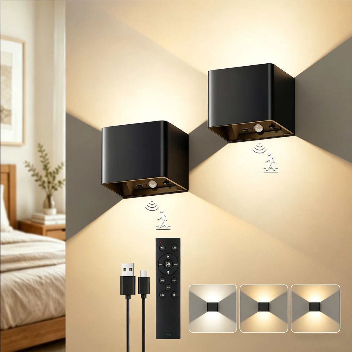 Lureshine 2 stuks oplaadbare wandlamp met bewegingsmelder, oplaadbare batterij, mAh wandlamp, LED binnenwandlamp, draadloze afstandsbediening, dimbaar licht, 3 kleuren