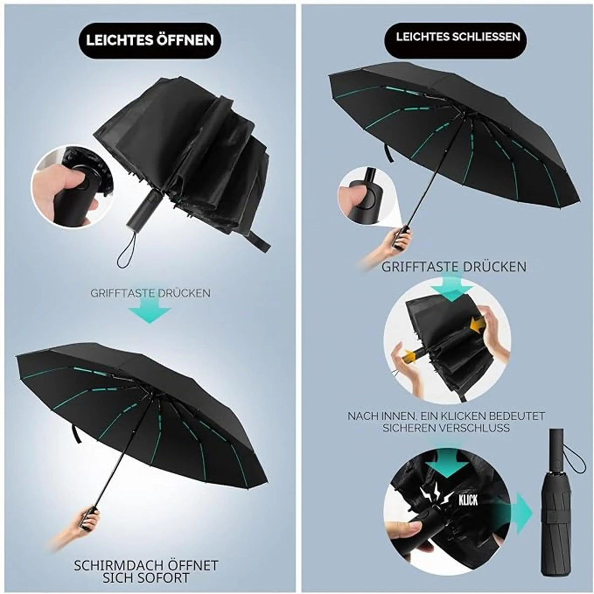 Parapluie de poche noir à structure renforcée, 144 baleines, pliable, unisexe, compact, résistant au vent, protection contre la pluie et le soleil | Sansoti