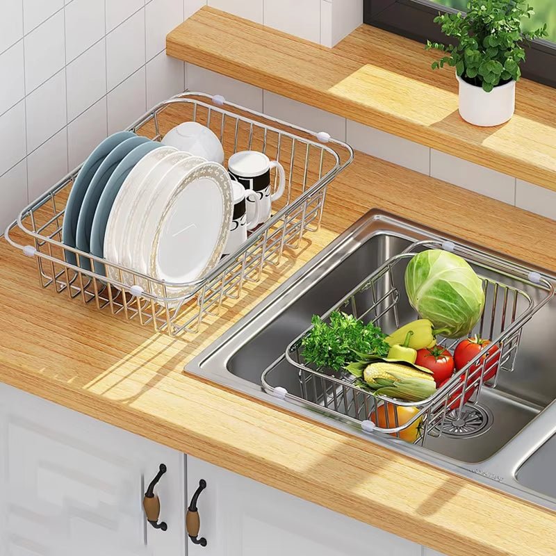 Uitschuifbaar Afdruiprek RVS Gootsteen 34-55 cm Verstelbaar Keuken Organizer Groenten Wassen Servies Afgieten Spoelbak | Sansoti
