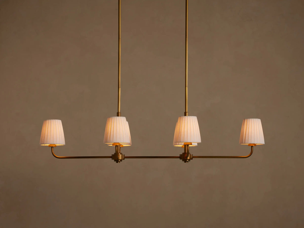 Lineaire Kroonluchter 6 Lichtpunten Messing Afwerking Plissé Kap Eetkamer Slaapkamer Woonkamer Hanglamp | Sansoti