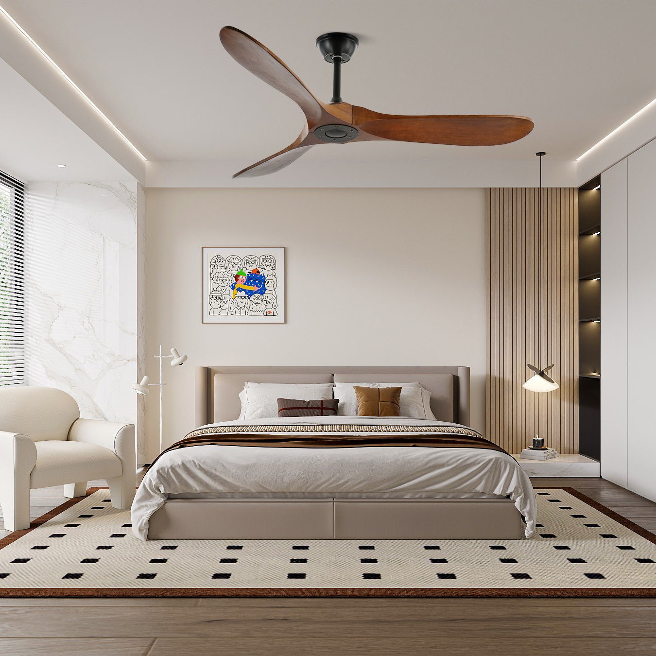 Plafondventilator met Houten Bladen en Stille DC Motor 106-132cm 6 Snelheden Afstandsbediening Klimaatbeheersing voor Woonkamer Slaapkamer Ventilatie | Sansoti
