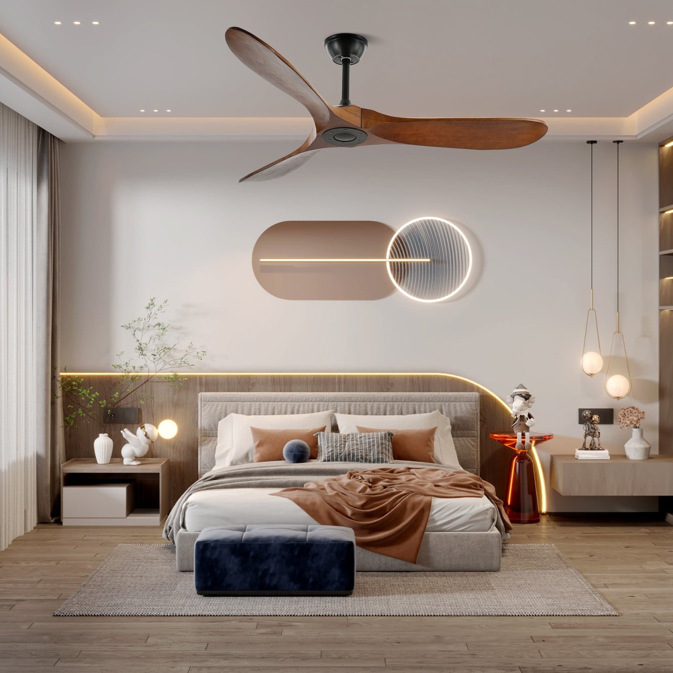 Plafondventilator met Houten Bladen en Stille DC Motor 106-132cm 6 Snelheden Afstandsbediening Klimaatbeheersing voor Woonkamer Slaapkamer Ventilatie | Sansoti
