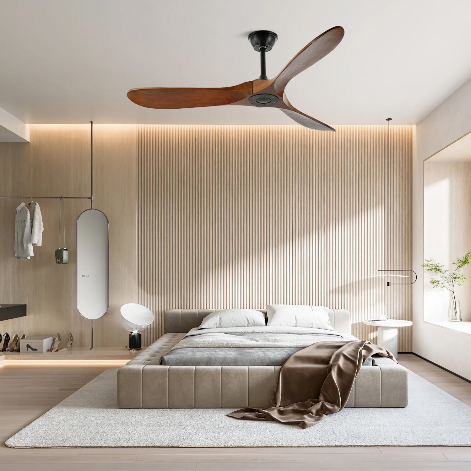 Plafondventilator met Houten Bladen en Stille DC Motor 106-132cm 6 Snelheden Afstandsbediening Klimaatbeheersing voor Woonkamer Slaapkamer Ventilatie | Sansoti